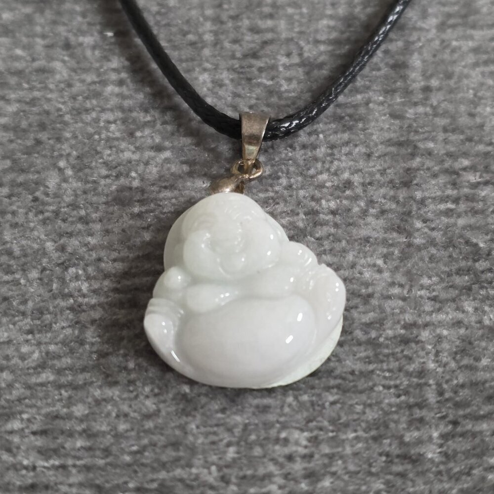 Natural White Jade Buddha Pendant Necklace Waxed Cord Spiritual Awakening Unisex